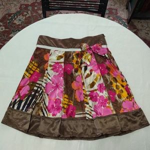 silky floral pleated a line skirt w/ bow